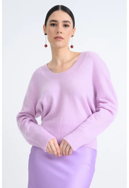 Пуловер с овално деколте - Лилав