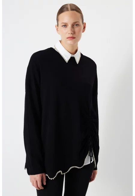 Пуловер с паднали ръкави - Черен