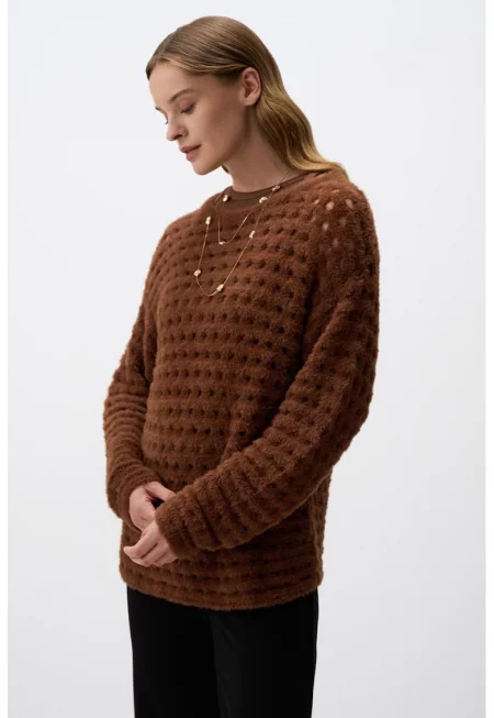 Пуловер с паднлаи ръкави - Кафяв