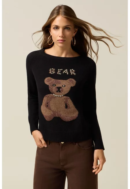 Пуловер с вълна с принт на мече