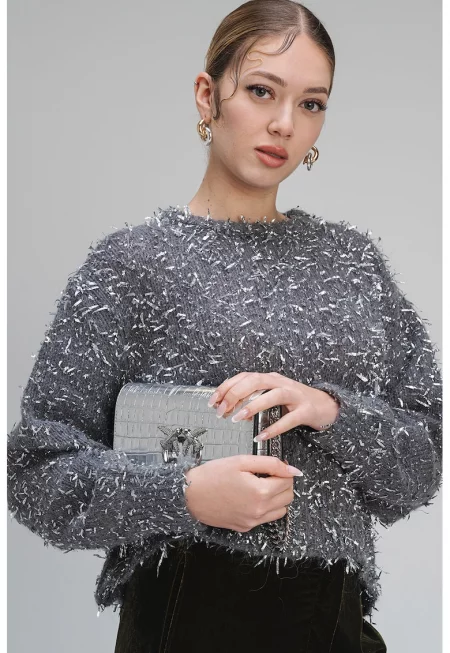 Пуловер Zarelia с вълна и паднали ръкави - Сив/Сребрист