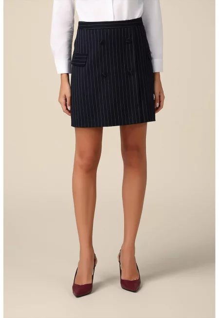 Раирана пола с двуредно закопчаване - Ултрамарин синьо/Мръснобял