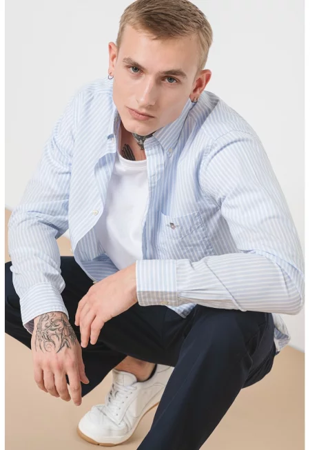 Раирана риза от памук с дълги ръкави - Бял/Светлосин