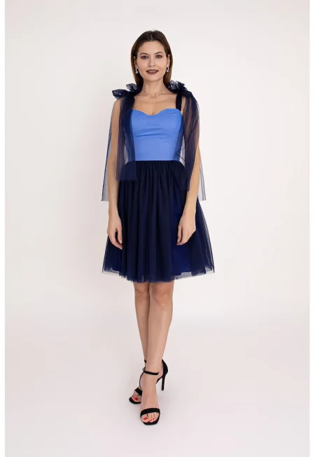 Разкроена рокля Marina с тюл - Син