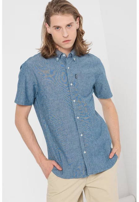Риза Vintage от шамбре с джоб на гърдите - Син меланж