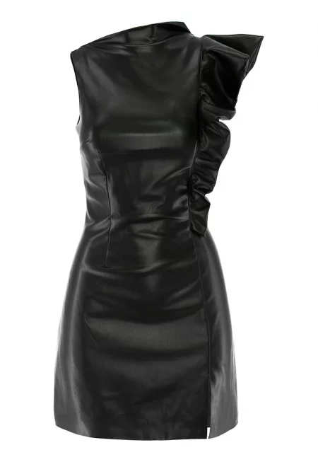 Рокля от еко кожа с набирания - Черен