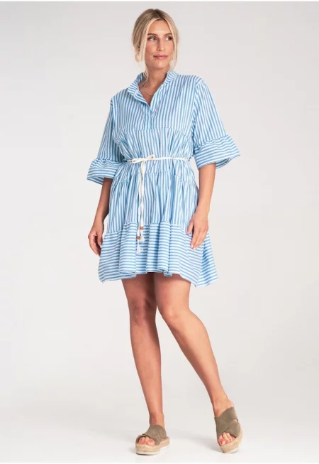 Рокля  райета - широки ръкави - синя - изработена от качествен материал - размер SM