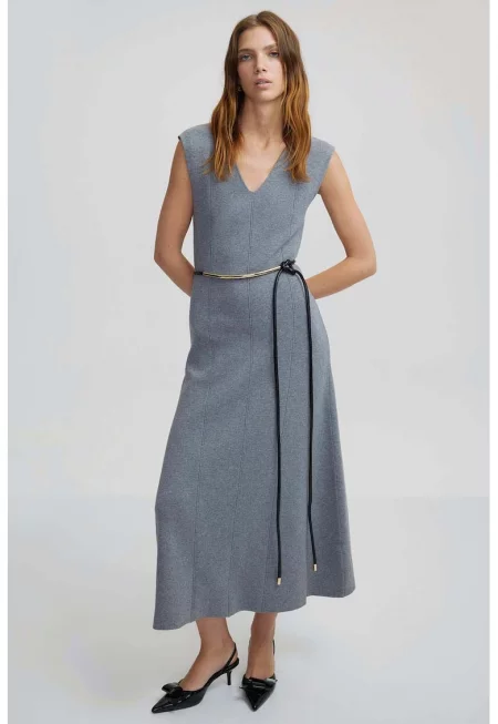 Рокля с шпиц и разкрояване - Сив меланж