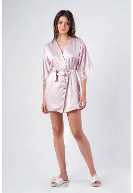 Сатиниран халат Grace с дантела - Светлорозов