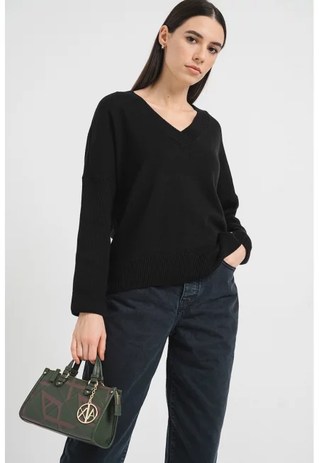 Шпиц пуловер с паднали ръкави - Черен