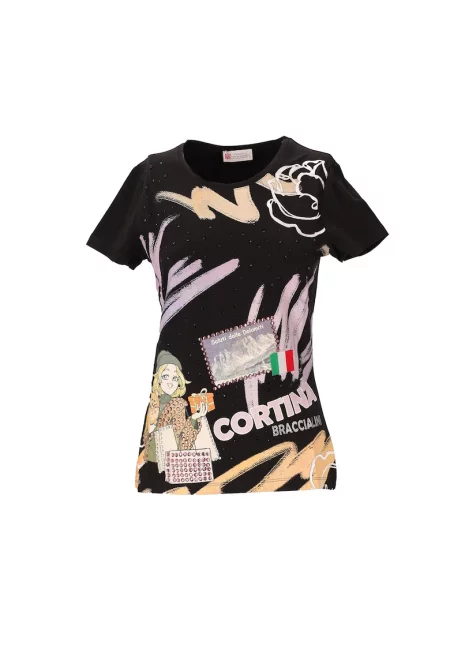 Слим тениска с декоративни камъни - Черен