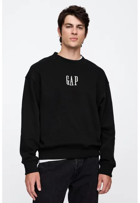 Свободен суитшърт с овално деколте и лого - Бял/Черен