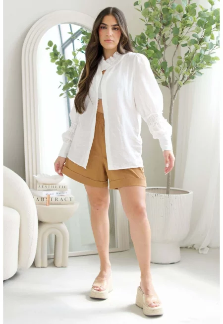 Свободна риза с лен - Бял -