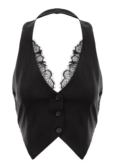 Топ с презрамка през врата и дантела - Черен