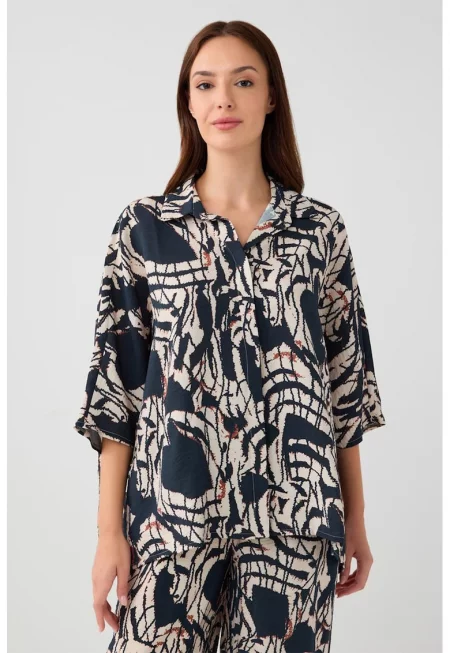 Уголемена риза с десен - Ултрамарин синьо/Крем