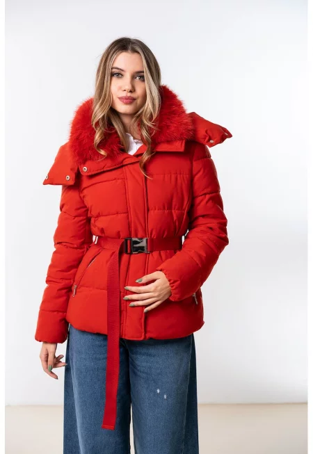 Зимно яке с качулка - Червен