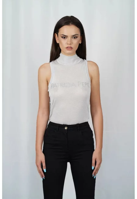 Блуза с висока яка без ръкави с лого от кристали - Сив
