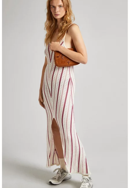 Дълга плетена рокля с цепка - Бял/Тъмновиолетов/Бледо розово