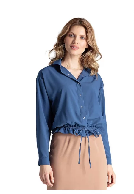 Дамска риза  M647 - синя - дълъг ръкав - полиестер - ластик в долната част -