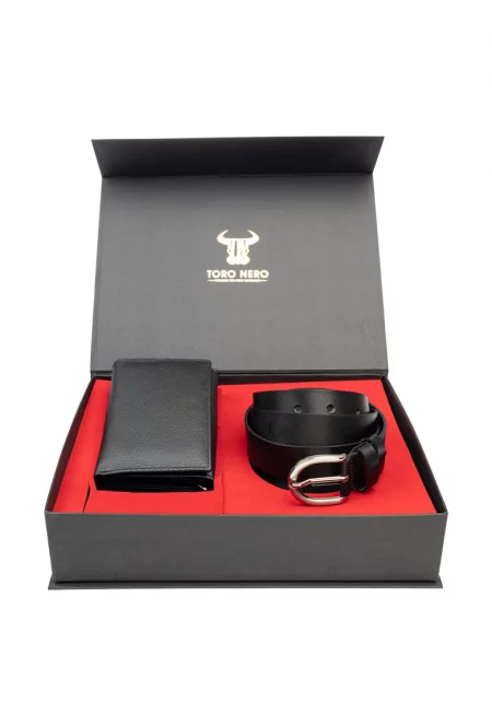 Дамски портфейл и комплект колан естествена кожа черен Little-Middle