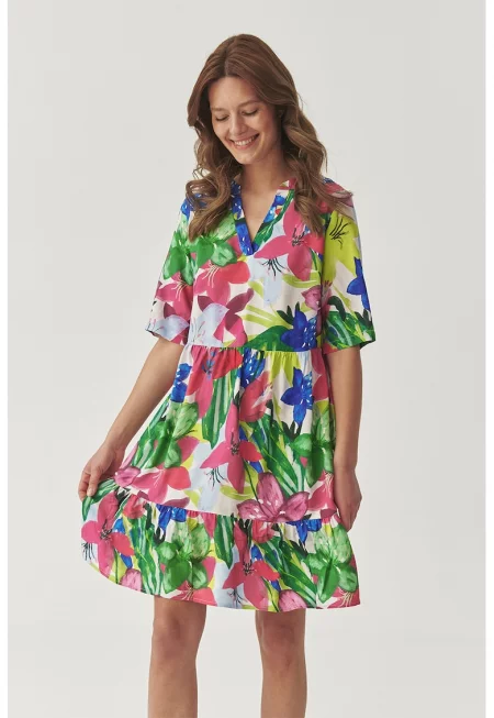 Десенирана къса рокля - Зелен/Бял/Прашно розово