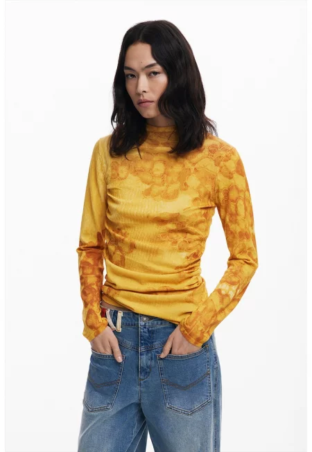 Фино плетен пуловер с флорален принт - Шафраново жълто