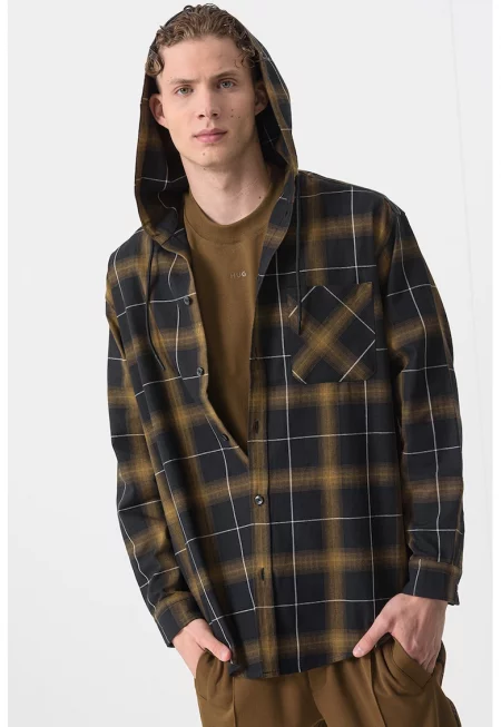 Карирана риза с качулка - Ултрамарин синьо/Тъмнокафяв