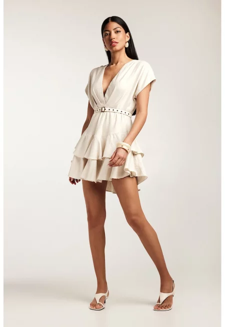 Къса рокля с бамбукови нишки с колан и набиране