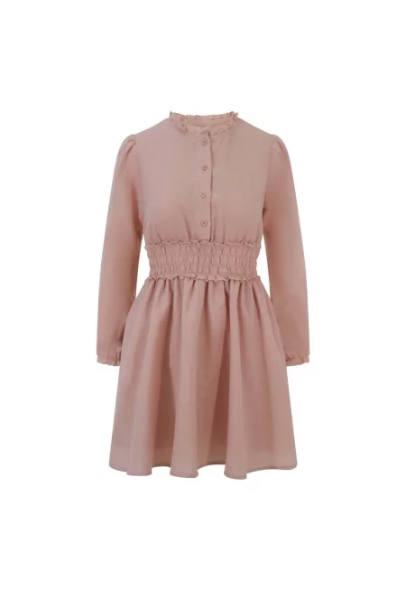 Къса рокля с лен и набрана талия - Розово -