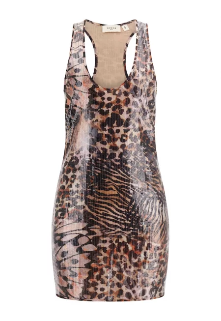 Къса рокля с овално деколте - Кафяв