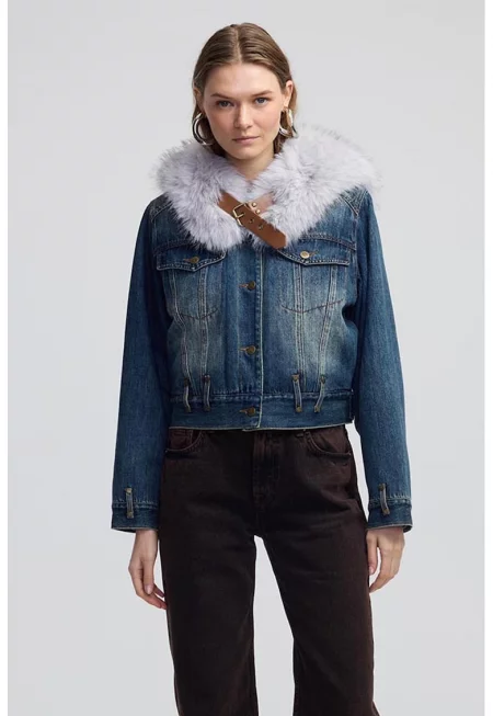 Късо дънково яке с яка от еко пух - Тъмносин