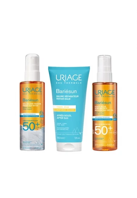 Комплект  Bariésun със слънцезащита SPF 50+ и грижа за след слънце – слънчева вода 200 мл - сухо масло 200 мл - възстановяващ балсам 150 мл