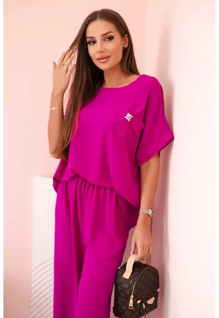 Комплект блуза с къс ръкав и флорален детайл и панталон -