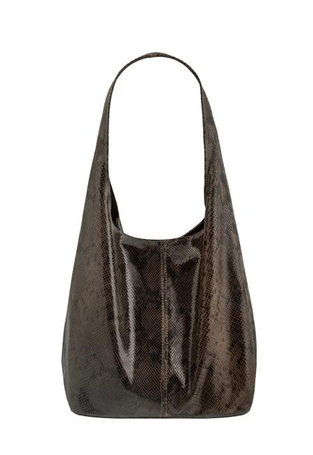 Кожена хобо чанта с шагрен - Тъмнокафяв