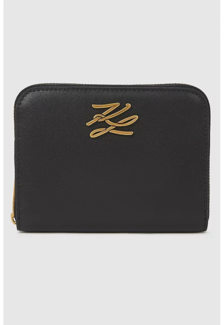 Кожено портмоне с цип и лого - Златист/Черен