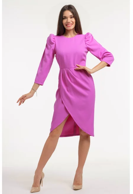 Миди рокля с бухнали ръкави - Фанданго розово