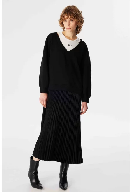 Миди рокля с дизайн 2 в 1 и плисе - Черен