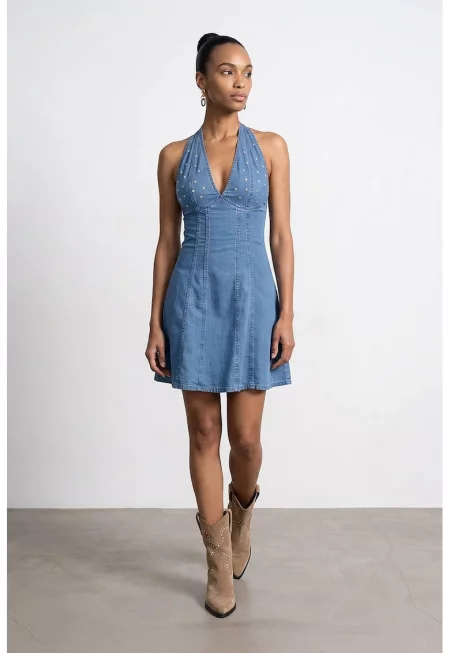 Мини рокля  Leisure/Everyday halter син деним 100% tencel