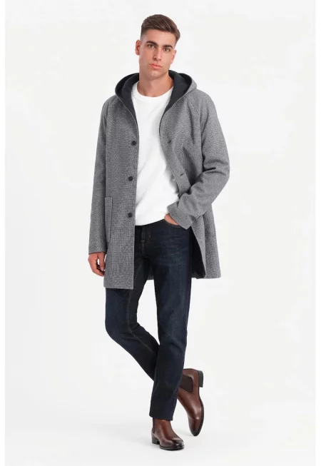 Палто с вълна с качулка - Сив