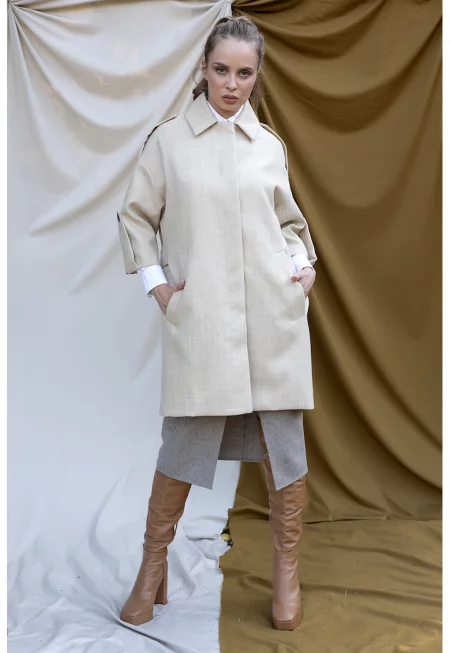 Палто с вълна с паднали ръкави - Светло бежово