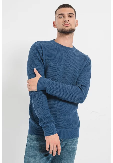 Памучен пуловер с овално деколте - Тъмносин