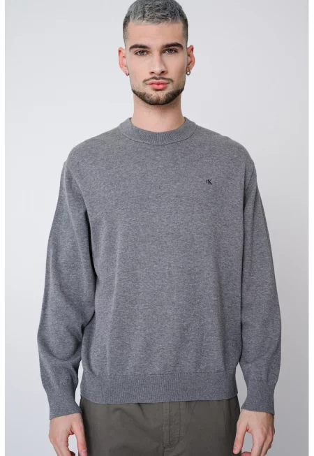 Памучен суитчърт с овално деколте - Сив меланж