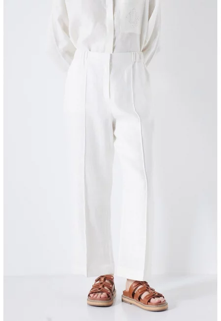 Прав ленен панталон с басти - Бял