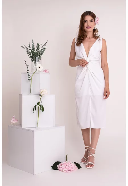 Права миди рокля Demetra с дълбок шпиц - Бял