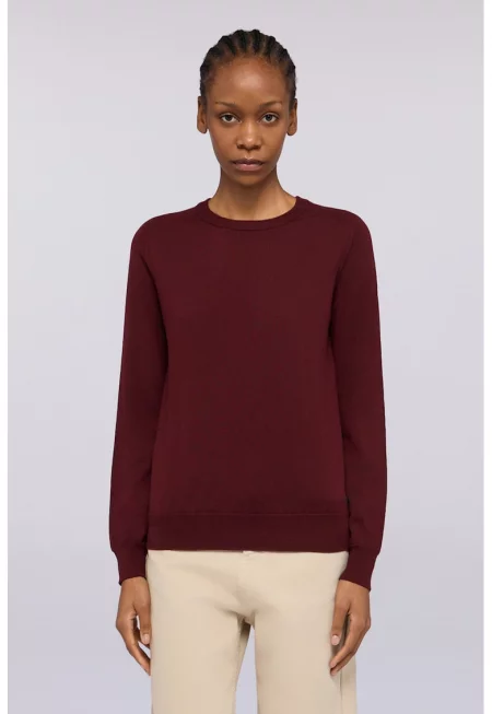 Пуловер от необработена вълна с овално деколте - Тъмночервен