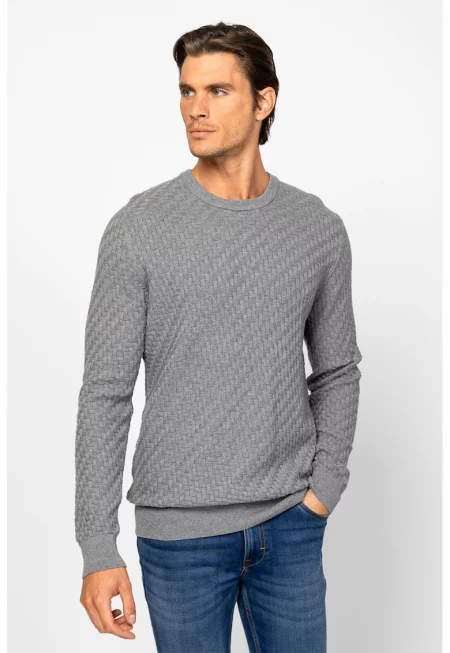 Пуловер от памук с овално деколте - Сив