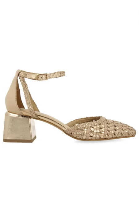 Ръчно плетени кожени обувки с масивен ток - Бежов