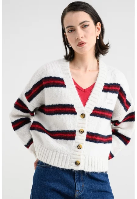 Раирана жилетка с шпиц - Червен/Бял/Черен