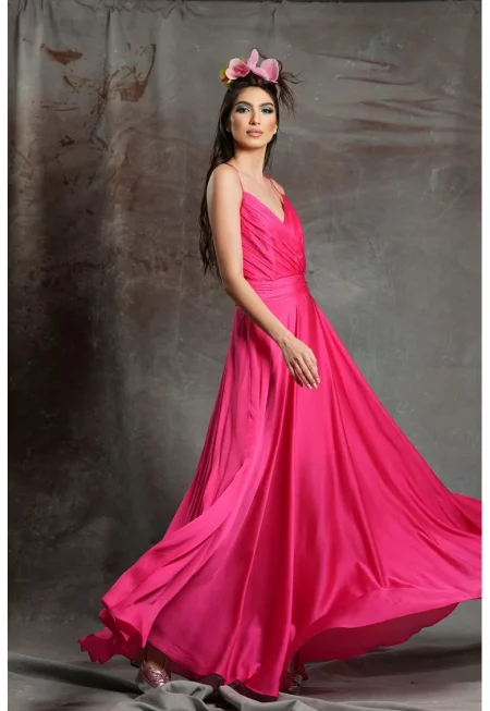 Разкроена дълга рокля Acapulco с коприна - Розово