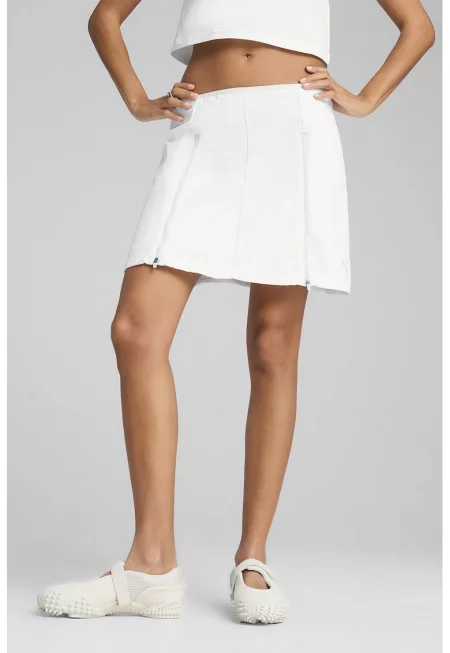 Разкроена къса пола с преден цип - Бял
